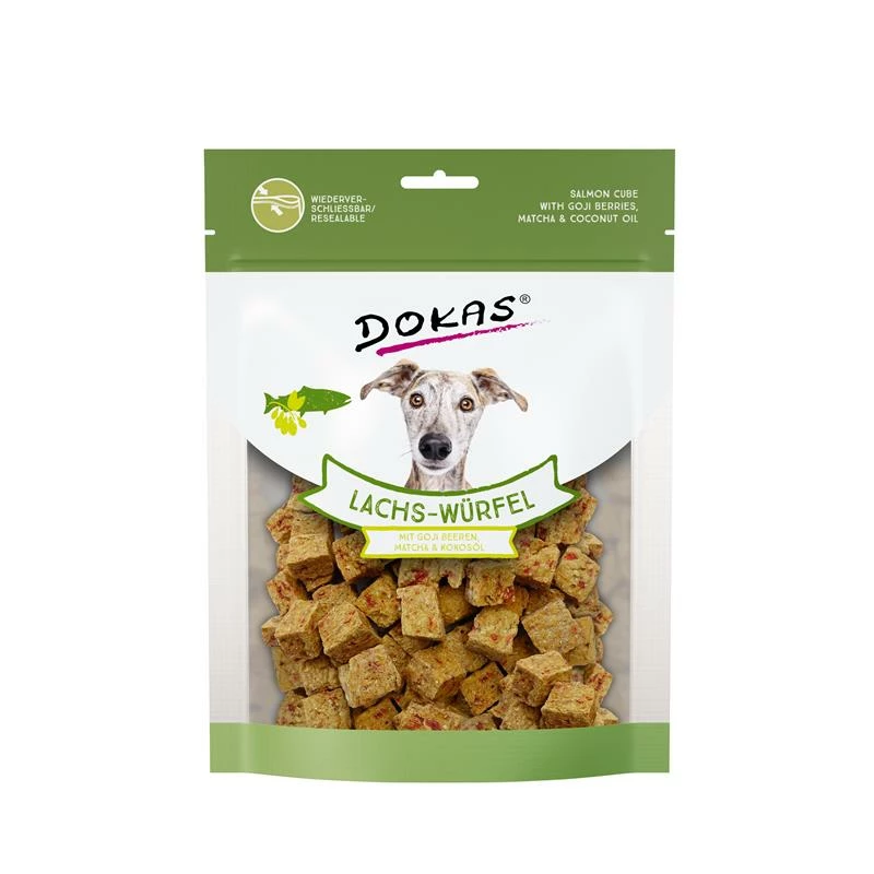 Dokas Lachs-Würfel, Goji Beeren,Matcha&Kokosöl | 8x 150g Hundesnack 1 Dokas Lachs-Würfel, Goji Beeren,Matcha&Kokosöl | 8x 150g Hundesnack